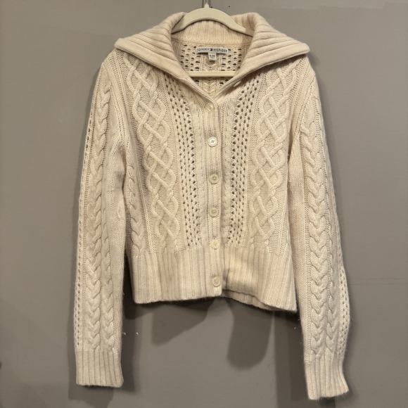 Vintage Tommy Hilfiger Wool Angora Cableknit Sweater XL Beaded Fuzzy Soft - Picture 1 of 4
